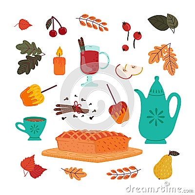 Ð¡ute bright autumn hygge set. Decoration of fall season. Vector Illustration